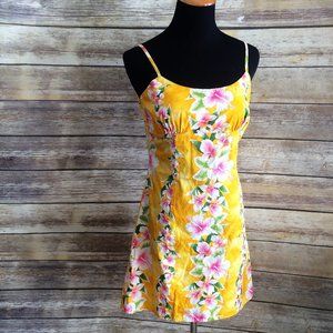 🏄‍♂️ Lemon Yellow & Hot Pink Classic Hawaiian Print Strappy Mini Dress Hibiscus